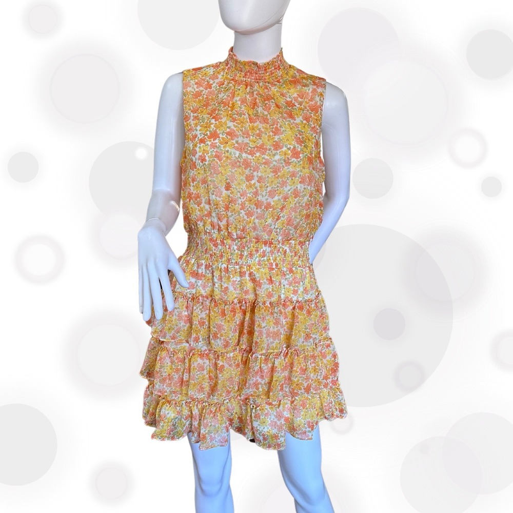 1. State Women's Yellow Floral Print Smocked Tiered Mini Dress Size Large NWT!